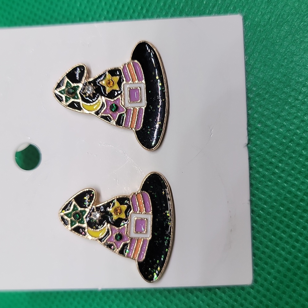 Halloween Witch Hat Stud Earrings Enamel 1 In High   Colorful New
